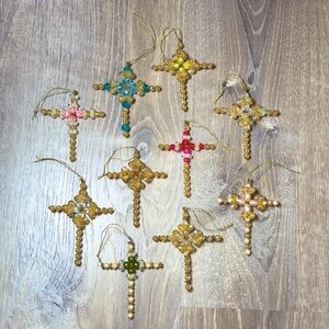 Set of 10 Vintage Stunning Handmade Beaded Cross Christmas Tree Ornaments
